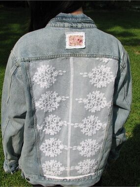 Statement Up-Cycled Lace Denim Jacket, Size Large